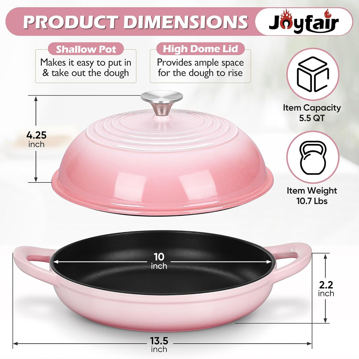 Bread Dutch Oven for Sourdough Baking (5.5 QT), Joyfair Enameled Cast Iron Dutch Oven Pot with Lid, Sourdough Bread Pan with Heavy Duty Dual Handles, Non-Stick & Even Heat, Oven-safe up to 500°F, Pink