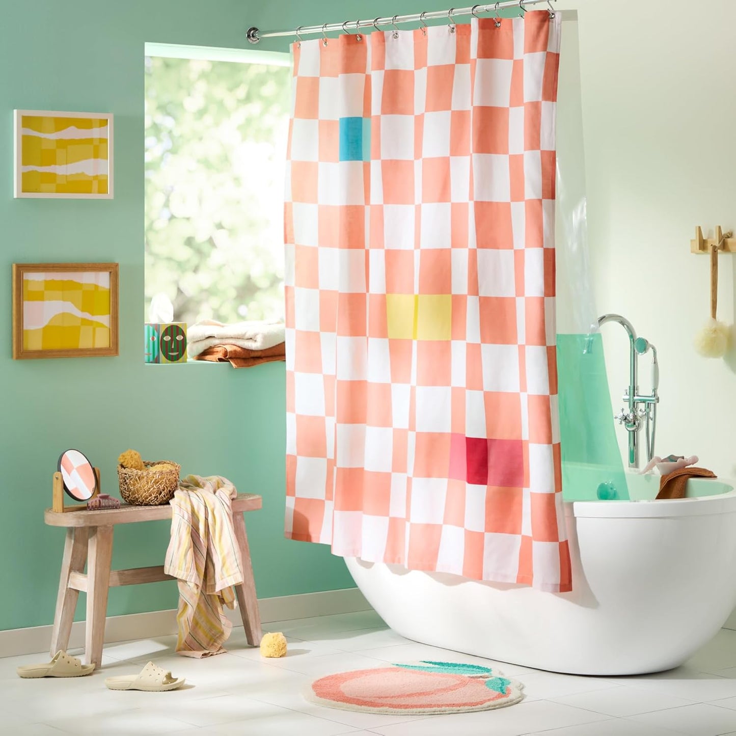 Town & Country Play Betty Bold Checkerboard Cotton-Rich Breathable Fabric Shower Curtain with Anti-Rust Grommets, Peach/White/Yellow, 70"x72"
