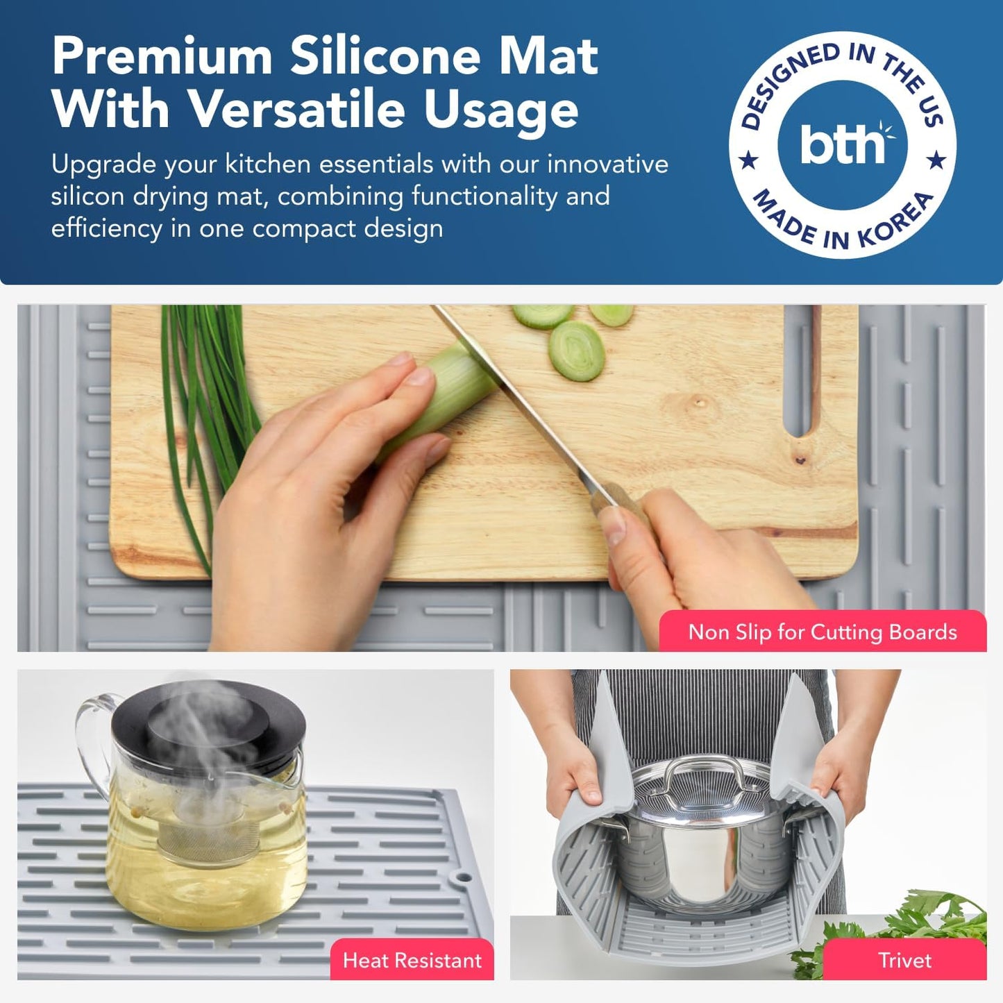 BTH 24" Extra Wide Foldable Dish Drying Mat for Kitchen Countertop, Made In Korea, Heat-resistant Premium Non-slip Silicone Mat, Large Dish Drainer Mat, Compact Folding Sink Liner Dishwasher Safe