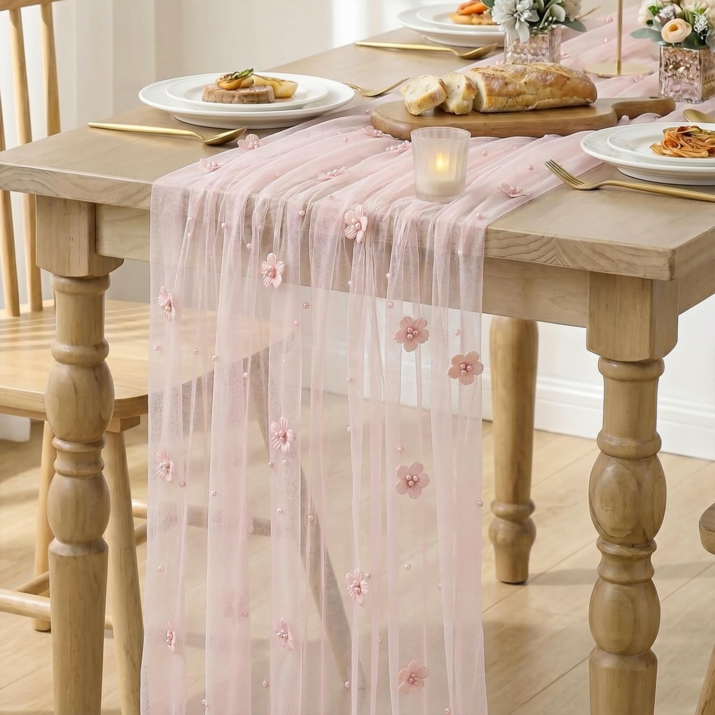 Artoid Mode Pink Flower Pearl Pink Gauze Table Runner 10FT, Seasonal Sheer Dining Holiday Wedding Birthday Baby Shower Table Decor for Home Party