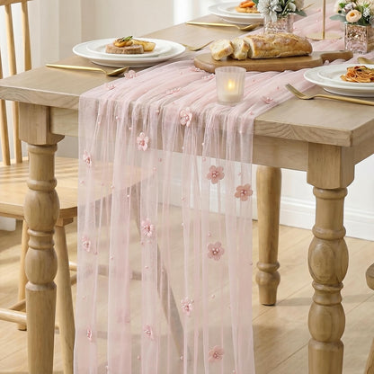 Artoid Mode Pink Flower Pearl Pink Gauze Table Runner 10FT, Seasonal Sheer Dining Holiday Wedding Birthday Baby Shower Table Decor for Home Party
