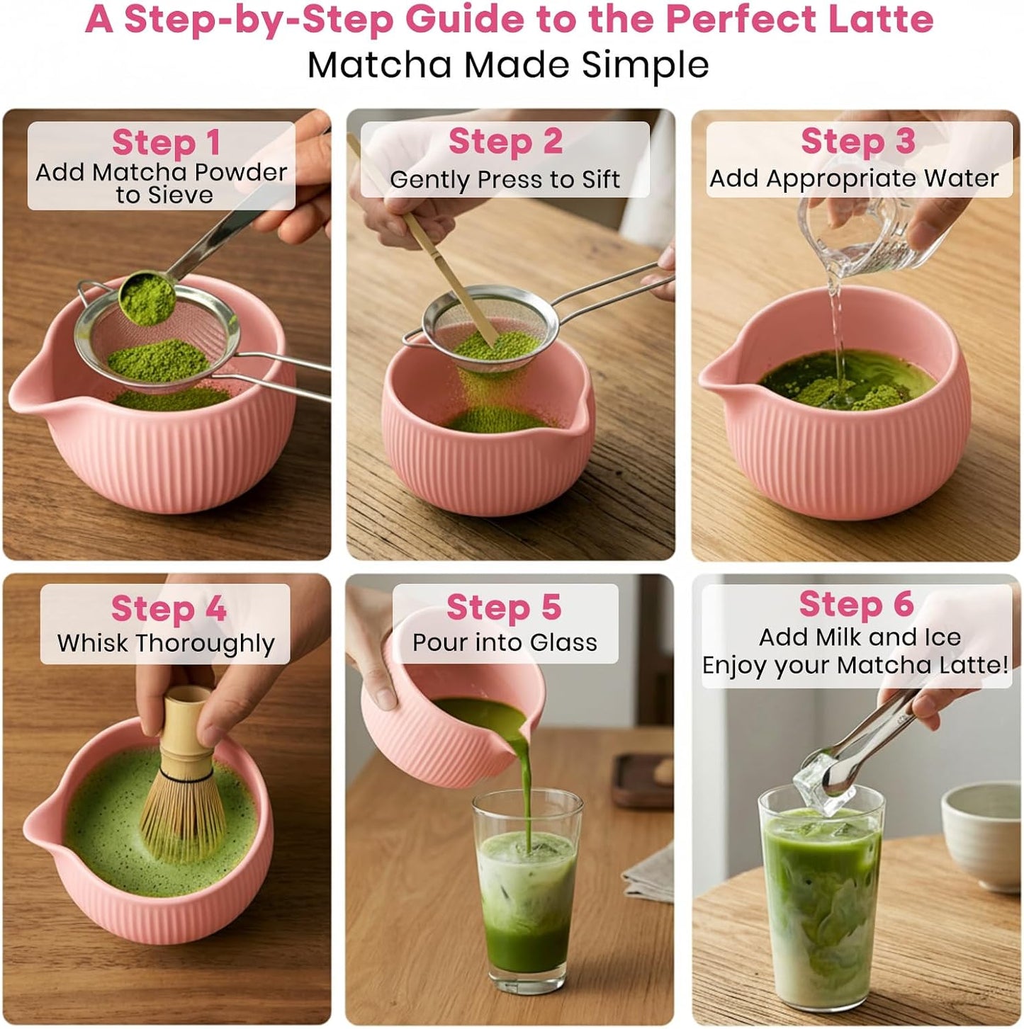 Matcha Whisk Set, 15-Pcs Ceramic Matcha Kit, Includes Matcha Bowl, Bamboo Whisk & Holder, Glass Measuring Cup, Matcha Caddy, Sifter, Scoop, Tea Towel, Tea Mat - Matcha Making Sets (pink)