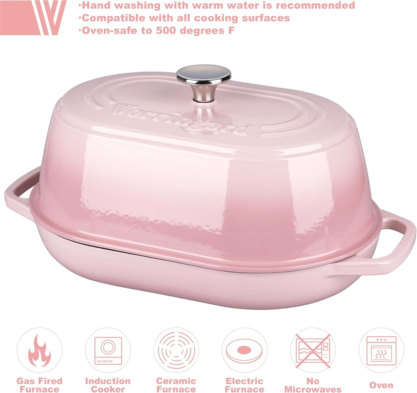 VORRINGARD Enameled Cast Iron Dutch Oven Pot with Dome Lid, Oval Bread Oven for Homemade Sourdough Bread Baking, Oven Safe up to 500°F, 6 Quart, Pink