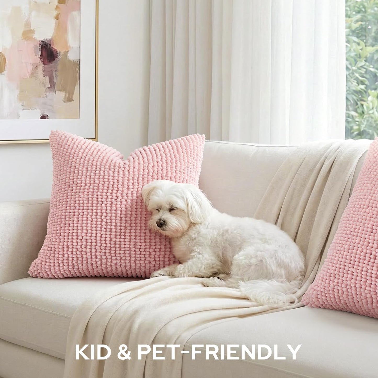 HOMEIDEAS Light Pink Decorative Chenille Throw Pillow Covers 18x18 Set of 2, Thick Soft Plush Pillow Covers for Couch Sofa Bed Living Room Home Decor