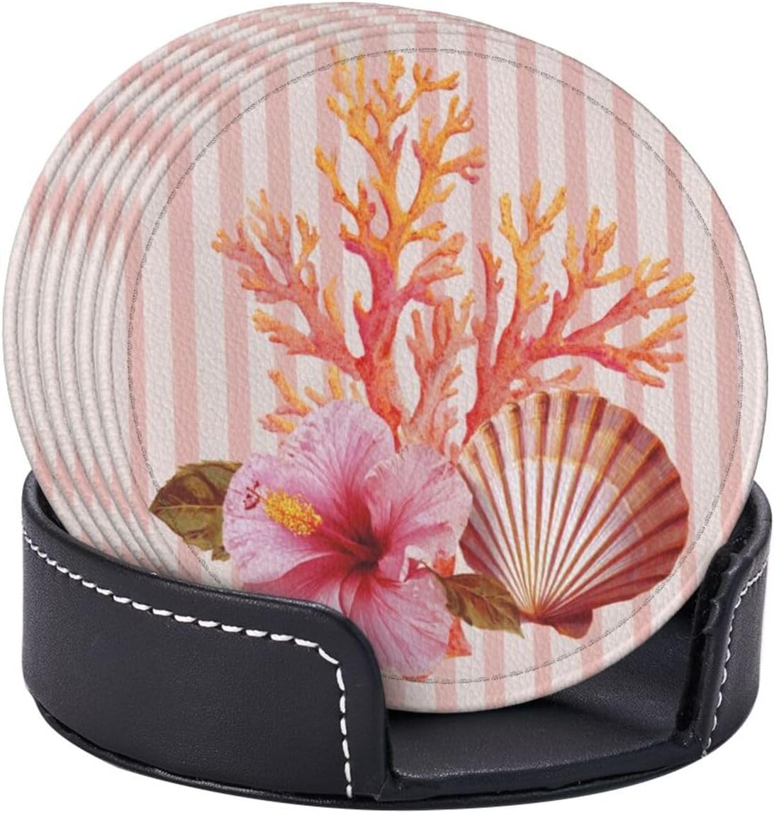 Light Pink Scallop Shell Hibiscus Flower Premium Leather Coasters, Set of 6 with Holder, Stylish Beverage Coasters for Kitchen Coffee Bar