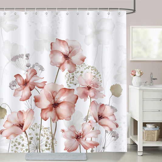 Bonhause Blush Pink Floral Shower Curtain, Watercolor Flower Plants Modern Minimalist Bathroom Decor 72x72 Inch Polyester Fabric Waterproof Bath Curtain with 12 Hooks