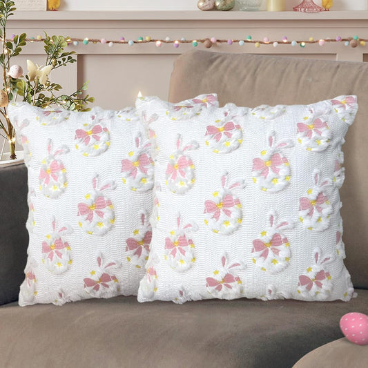 Easter Decorative Pillow Covers 18x18 inch Set of 2, Pink Ears Rabbit White Eggs with Bow Star Embroidered Soft Plush Faux Fur Farmhouse Throw Cushion Cases for Spring Holiday Home Decor