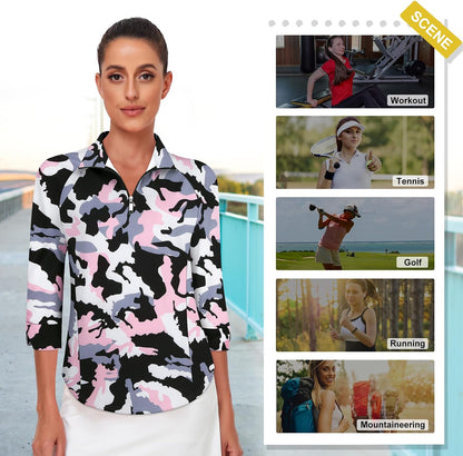Cucuchy Style Womens Golf Shirt 3/4 Sleeve Quarter Zip Workout Tennis Tops Quick Dry UPF 50+ Shirts