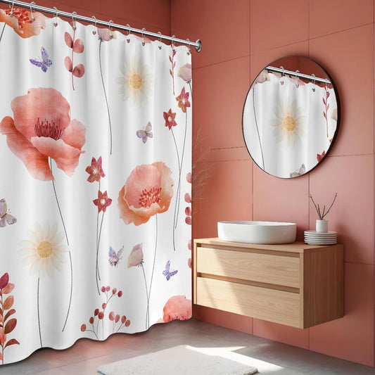 Watercolor Floral Coral Shower Curtain Cute Flower White and Peach Color Shower Curtains for Girls Bathroom Decor, Waterproof Cloth Fabric with Hooks, 70x72 in