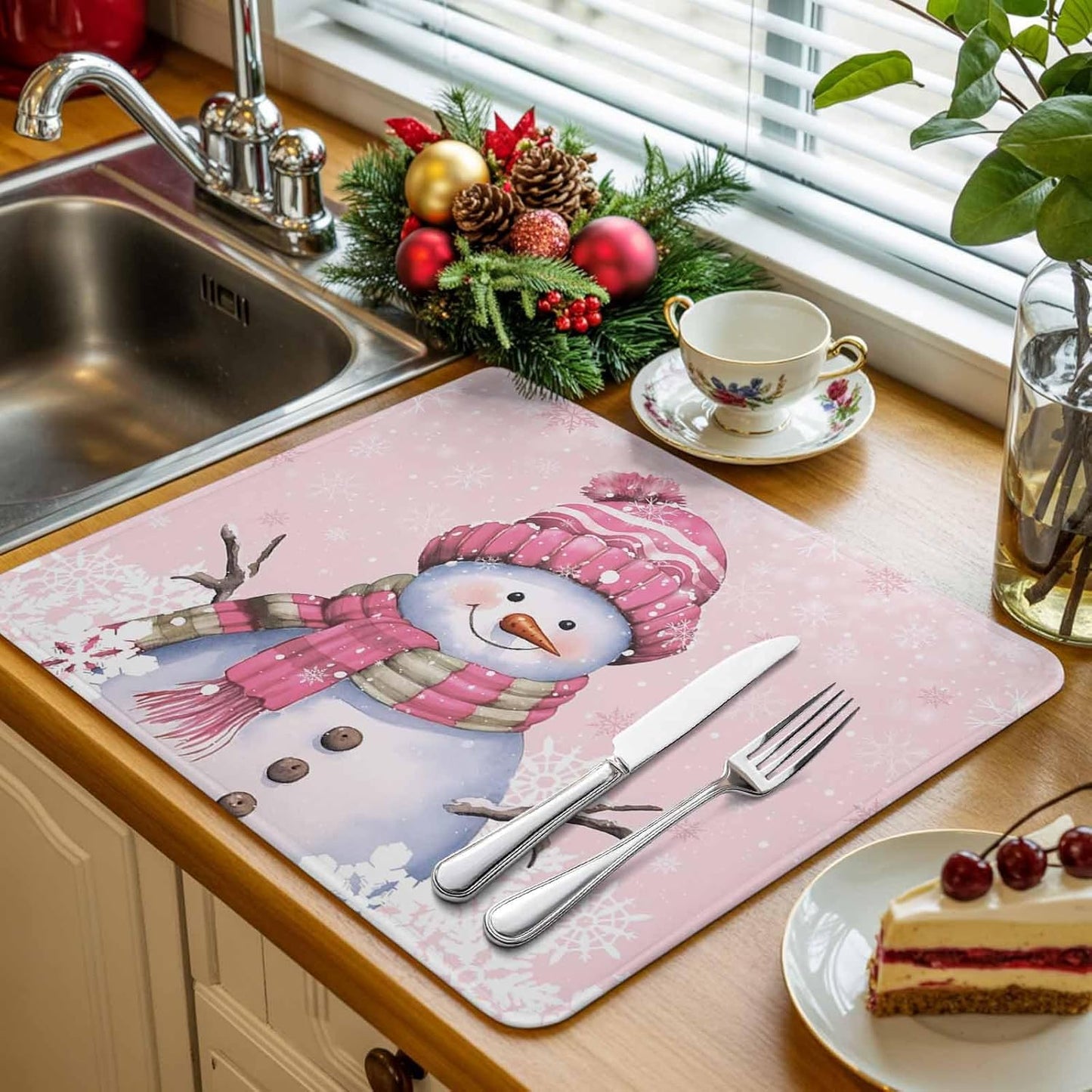Christmas Pink Snowman Dish Drying Mat Absorbent Drying Matt Kitchen Counter Mats Pink White Snowflake Quick Dry Dishes Drainer Christmas Decorations 18x24 Inch