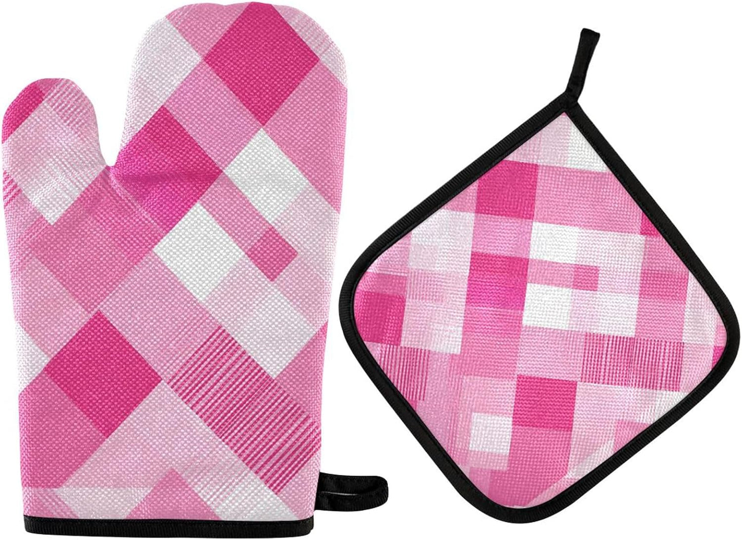 Light Pink Checkered Plaid Oven Mitts and Pot Holders Set for Cooking Baking Kitchen Decor