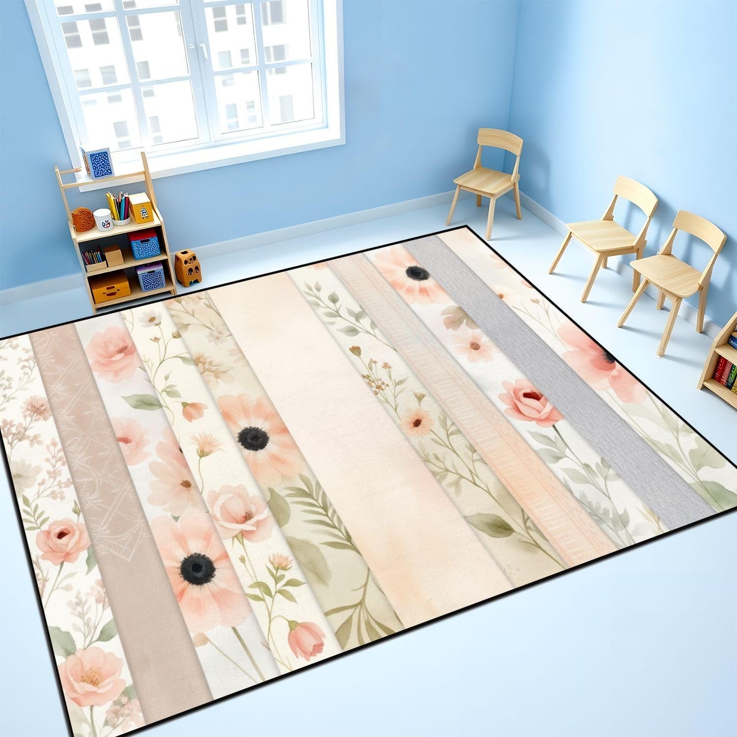 8x10 Area Rugs for Bedroom Boho Washable Rug for Living Room Soft Pastel Floral Pink Peach Flowers Light Extra Large Soft Rubber Backed Non-Slip Carpets for Office Dining Room