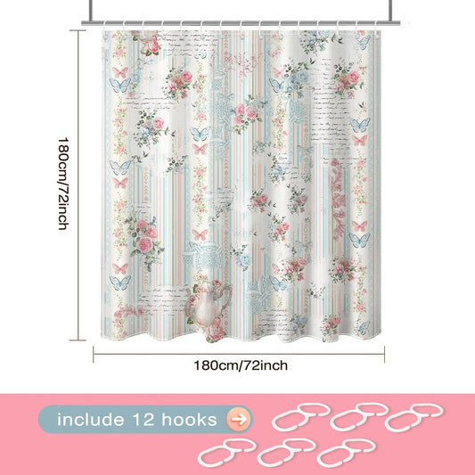 Lindameler Vintage Boho Floral Shower Curtain, Retro Pink Striped Flowers Shower Curtain, Pink Butterfly Floral Farmhouse Bathroom Decor Waterproof Bath Curtain with 12 Hooks, 72 X 72 Inch