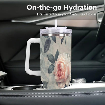 40oz Tumbler with Handle, Peach Rose Pattern With Green Leaves Printed Stainless Steel Travel Mug, Insulated Car Cup with Straw, Keeps Drinks Hot & Cold, Personalized Gift for Women & Men