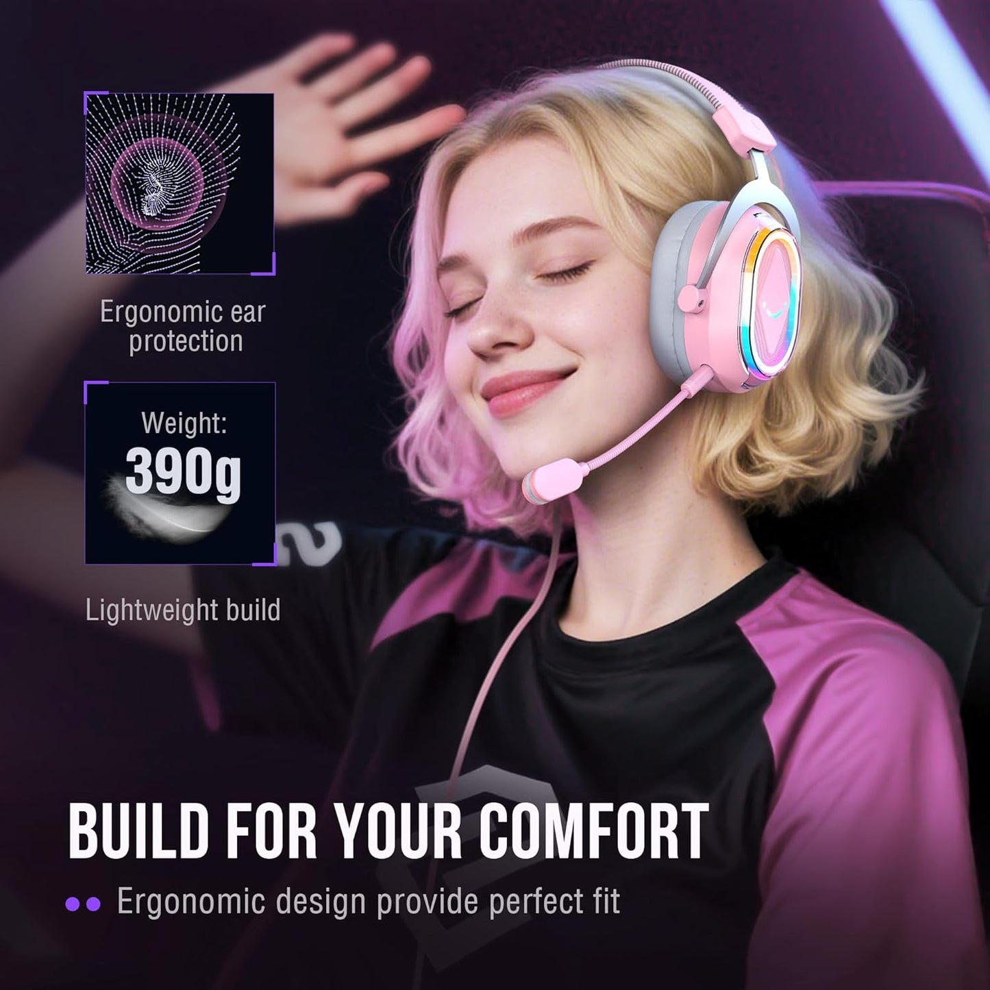 FIFINE Wired RGB Gaming Headset, PC Over-Ear Streaming Headset with USB, 7.1 Surround Sound, Noise-Cancelling Mic, Soft Ear Pads, 4 EQ Modes for PC, Laptop, Mac, PS4, PS5 - AmpliGame H13P (Pink)