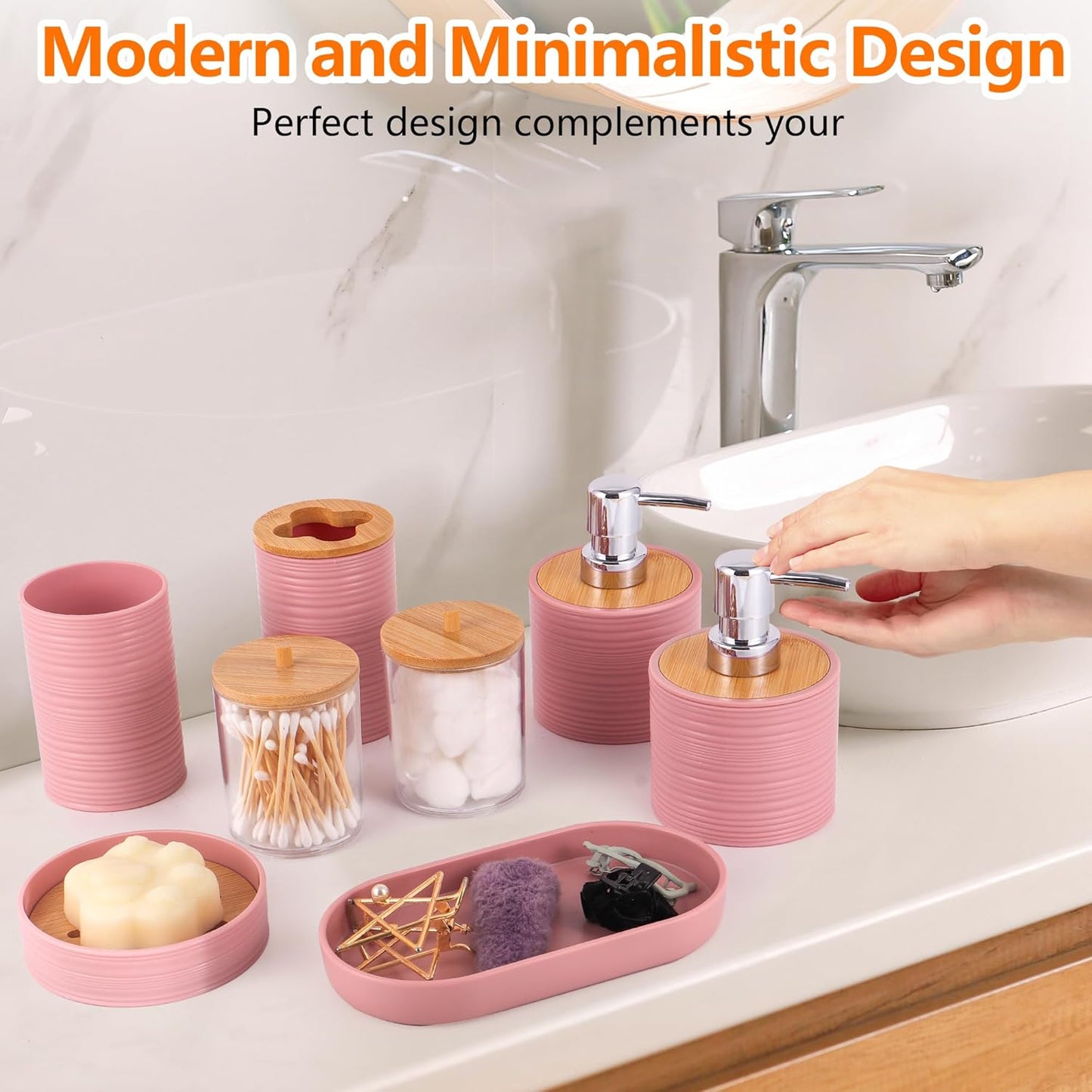Bathroom Accessory Set,10 PCS Pink Bathroom Accessories Set with Trash Can, Toothbrush Holder, Soap Dispenser, Toothbrush Cup, Vanity Tray, Soap Dish, Toilet Brush, Qtip Holders
