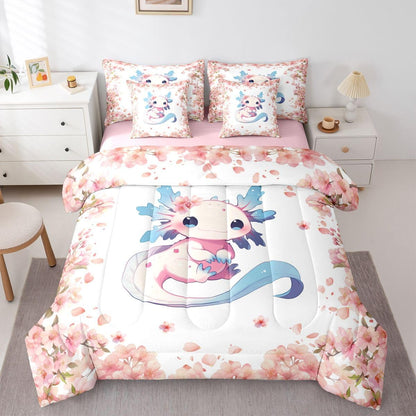 Erosebridal Blue Axolotl 7 Piece Bedding Set Twin Cartoon Salamander Animal Comforter Set with Sheets Peach Blossoms Bed in a Bag Pink Romantic Bed Sets Comforter