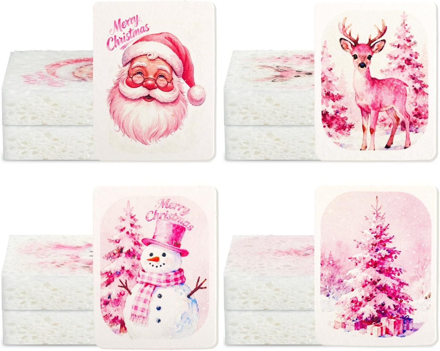 Chengu 12 Pcs Christmas Kitchen Sponges Pink Santa Reindeer Snowman Xmas Tree Water Absorbing Dish Washing Sponge Non Scratch Household Cleaning Scrub Sponges for Holiday Home Kitchen Bathroom