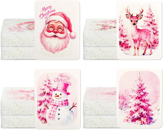 Chengu 12 Pcs Christmas Kitchen Sponges Pink Santa Reindeer Snowman Xmas Tree Water Absorbing Dish Washing Sponge Non Scratch Household Cleaning Scrub Sponges for Holiday Home Kitchen Bathroom