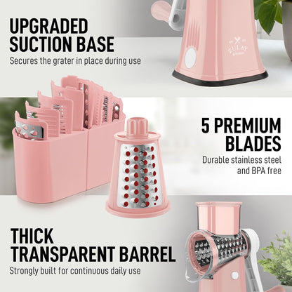 Zulay Kitchen Rotary Cheese Grater 5 Blade Cheese Shredder - Manual Hand Crank Cheese Grater With Reinforced Suction & 5 Interchangeable Drums - Easy to Use, Vegetable Chopper Round Mandoline Slicer