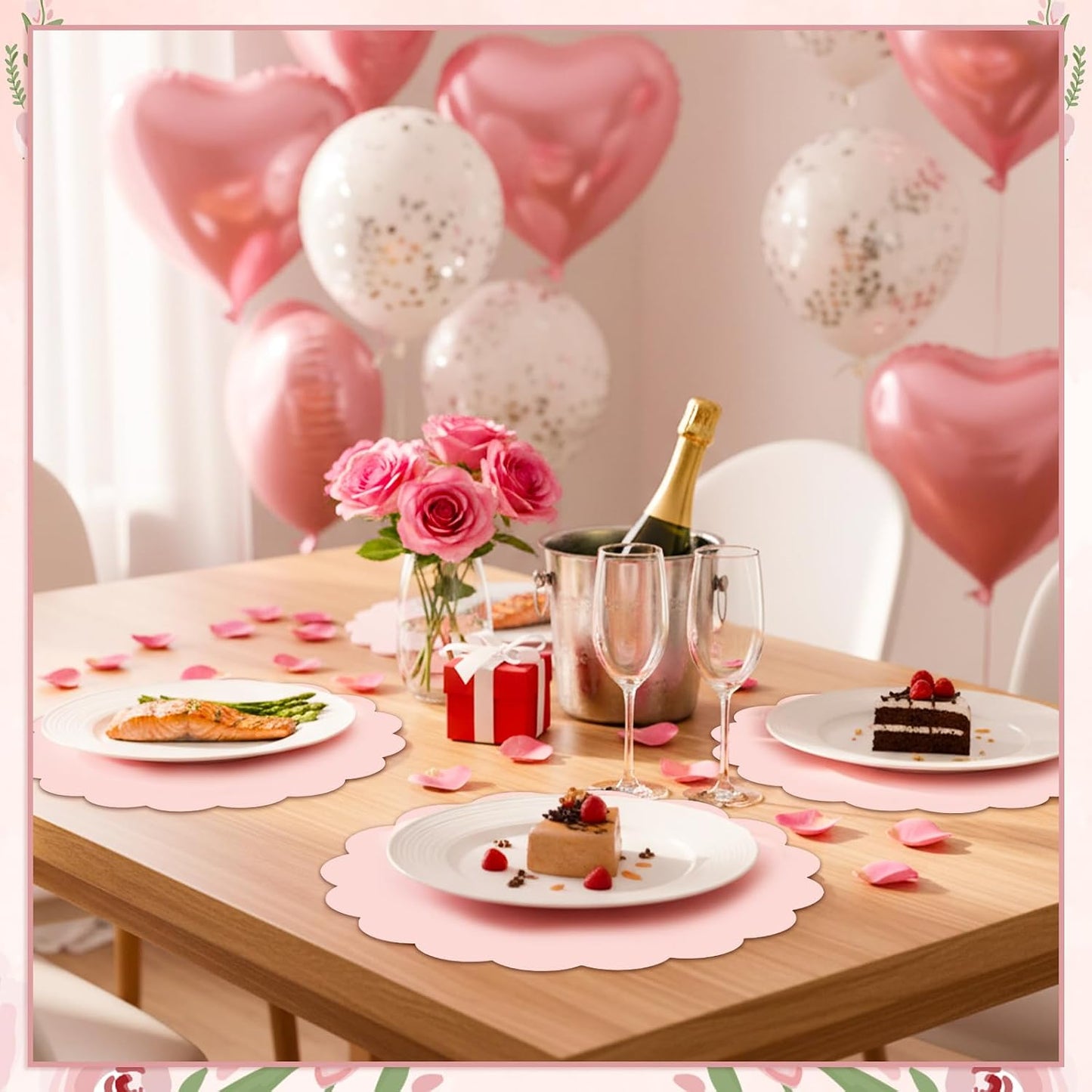 60 Pcs Light Pink Paper Placemats, 13.5 Inch Disposable Scalloped Placemat Round Table Place Mats Decorative Paper for Girls Birthday Wedding Bridal Shower Baby Shower Banquet Tea Party