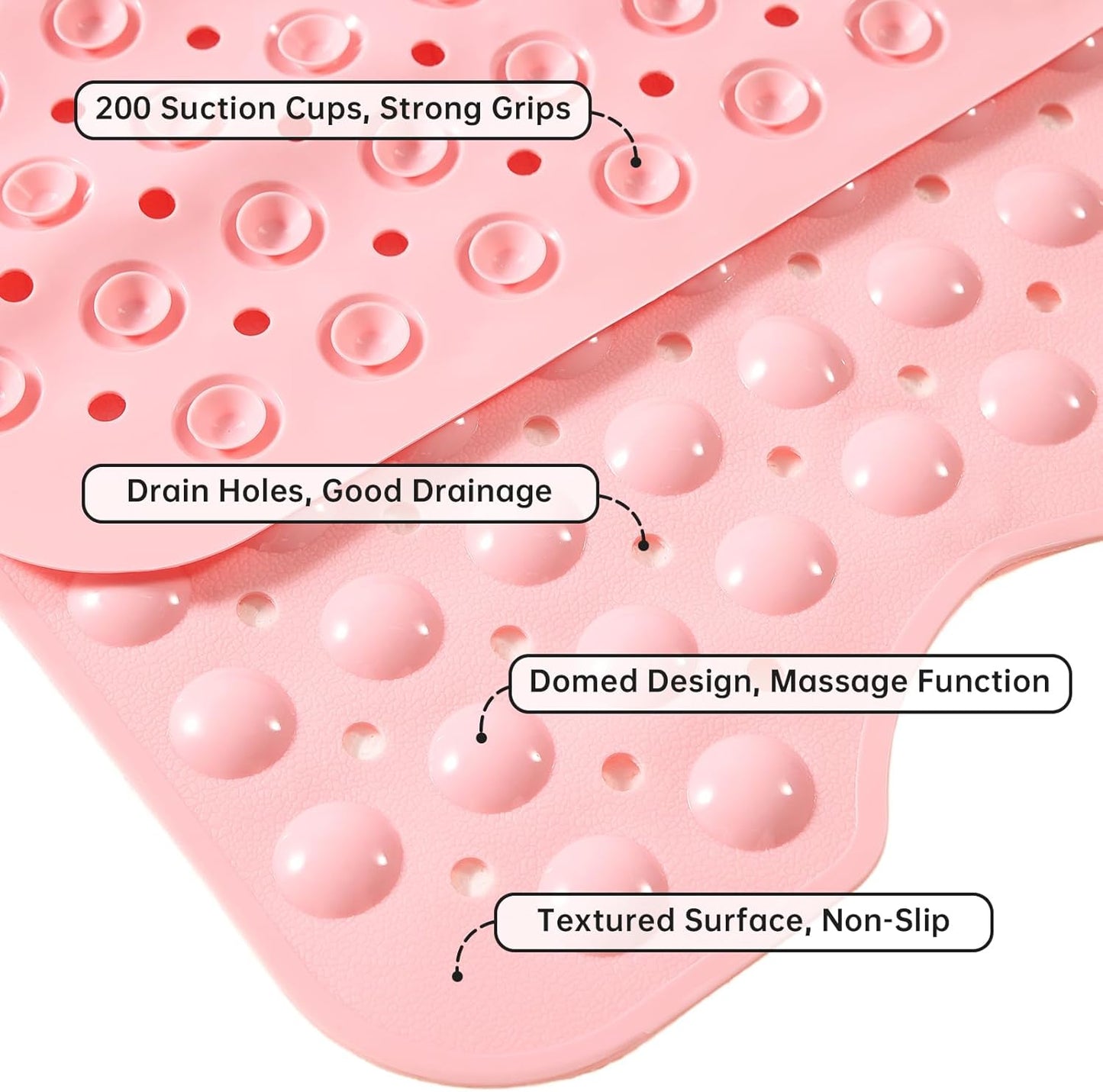 Wirhao Bathtub and Shower Mat Non Slip Bath Mat 39×16 Inches Machine Washable Tub Mat Large for Bathroom with Suction Cups and Drain Holes Pink