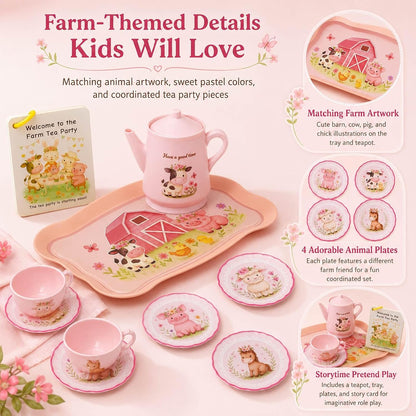 Lajeje Pink Barn Tea Party Set for Little Girls, 47PCS Farm Animal Pretend Play Tea Time Kit, Tea Sets for Toddlers 3-5 with Teapot & Story Cards, Carry Case Girls Birthday Gift, Easter Basket Stuffer