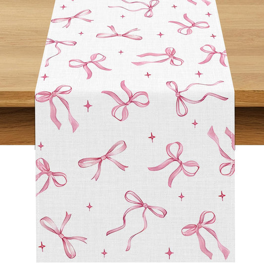 Pink Bow Party Table Runner Valentine's Day Coquette Girls Birthday Party Decoration Tea Wedding Baby Shower Dining Room Home Kitchen Table Decor (Pink, 13" x 72")