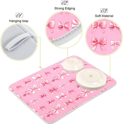 Dish Drying Mat for Kitchen Counter Cute Light Pink Ribbon Bows Absorbent Drying Dish Mat 16×18 inch Dish Rack Pad Coffee Mat for Sink Dishes Under Rack