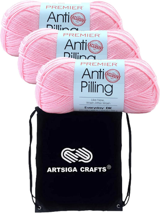 Premier Yarns Anti-Pilling Everyday DK Baby Pink 1107-33 (3-Skeins-Same Dye Lot) DK Light Worsted #3 Anti-Pilling Acrylic Yarn for Crocheting and Knitting with Project Bag