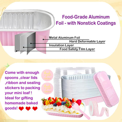 50 Pack Mini Loaf Pans with Lids and Spoons, 6.8 Oz Mini Cake Pans with Lids for Baking,Pink Disposable Rectangle Aluminum Foil Loaf Pan with Ribbon Stickers，Small Cake Containers Tin（Pink）