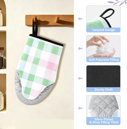 Oven Mitt 2 Pack Set Light Pink and Green Plaid Kitchen Mitts Gloves for for Cooking Baking Grilling
