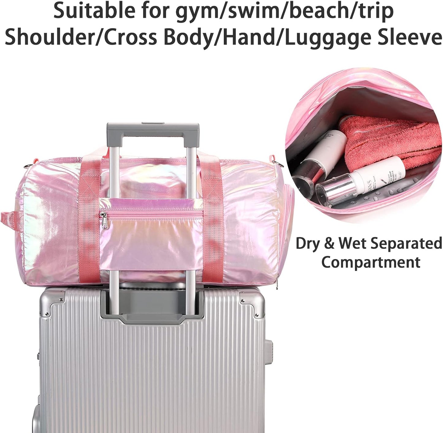 Gym Bag Sports Duffle Bag with Wet Pocket Weekender Overnight Bags with Waterproof Shoe Compartment for Girls Kids Women Travel Dance Yoga Workout Bags (Pink)