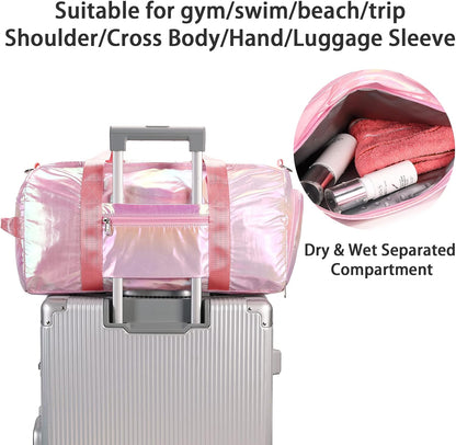 Gym Bag Sports Duffle Bag with Wet Pocket Weekender Overnight Bags with Waterproof Shoe Compartment for Girls Kids Women Travel Dance Yoga Workout Bags (Pink)