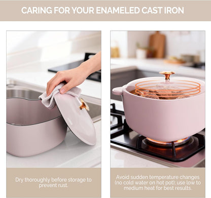 Enameled Cast Iron Heart-Shaped Pot with Lid, Dual Handles, Works on All Stovetops, Oven Safe to 500°F, 4-Quart, Pink,Include Two Silicone Oven mitts