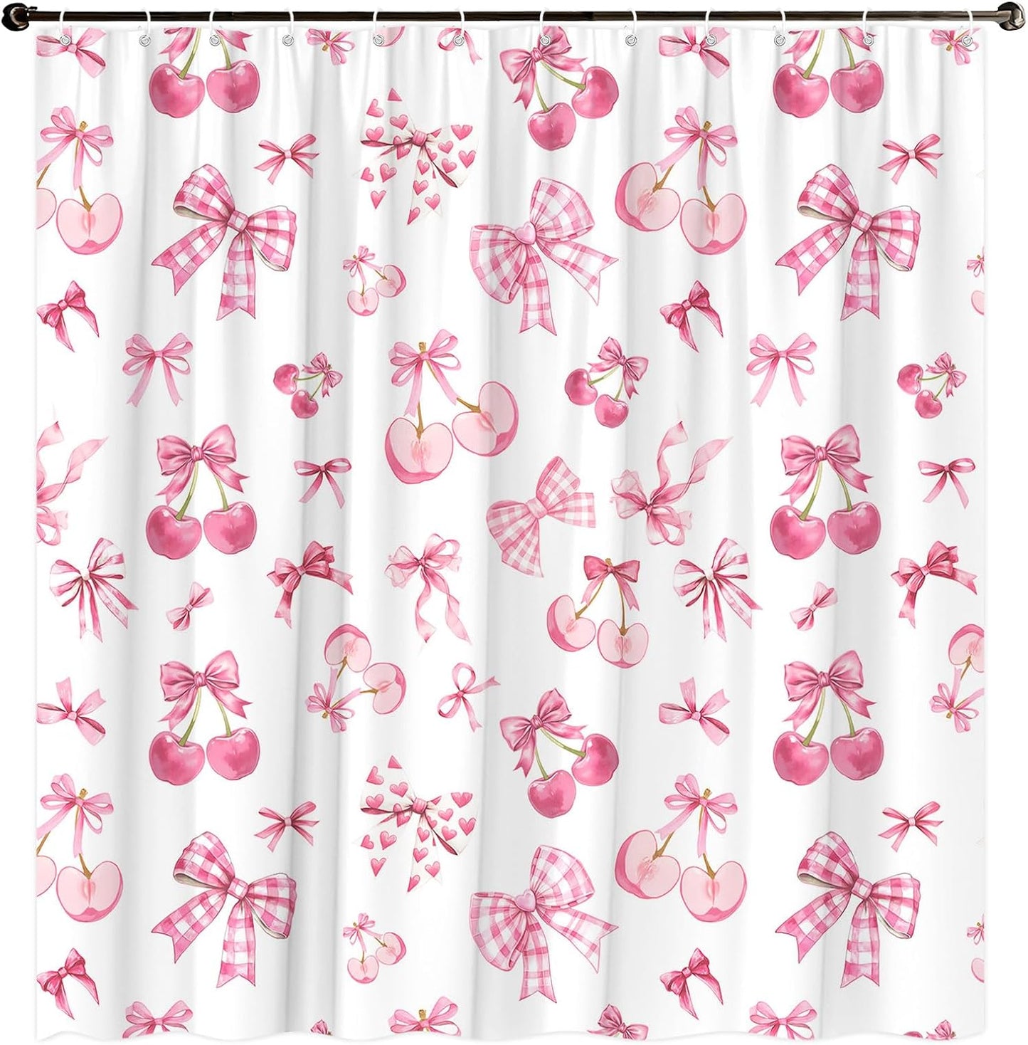 Pink Bow Shower Curtain Cute Bowknot Cherry Coquette Preppy Aesthetic Princess Modern Romantic Minimalist Bathroom Decorative Curtain with Polyester Fabric
