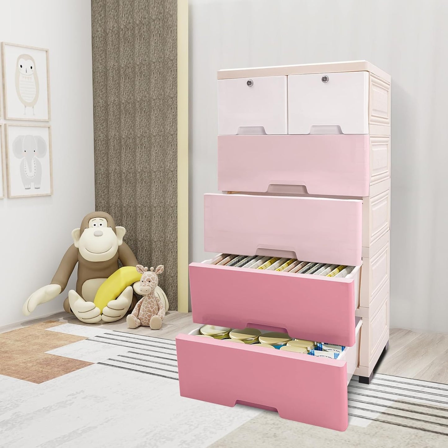 NOLANTIS Kids Plastic Storage Cabinet with 6 Drawers and Locks, Food-Grade PP Material, Large Capacity Organizer with Wheels and Safety Features for Bedroom, Nursery & Playroom (Gradient Pink)