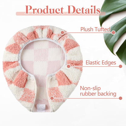 HunnmingRe Pink White Checkered Bathroom Toilet Lid Cover Soft Microfiber Toilet Top Cover 17.5" x 15" Washable Aesthetic Bathroom Decor Fits Most Round, Elongated and Oblong Lids, Machine Washable