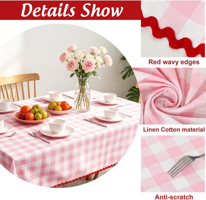 JarThenaAMCS Plaid Tablecloth with Rick Rack Pink Gingham Scalloped Table Cloth Checkered Waterproof Rectangle Table Cover for Spring Picnic Party Home Kitchen Decoration, 55 x 70 Inch