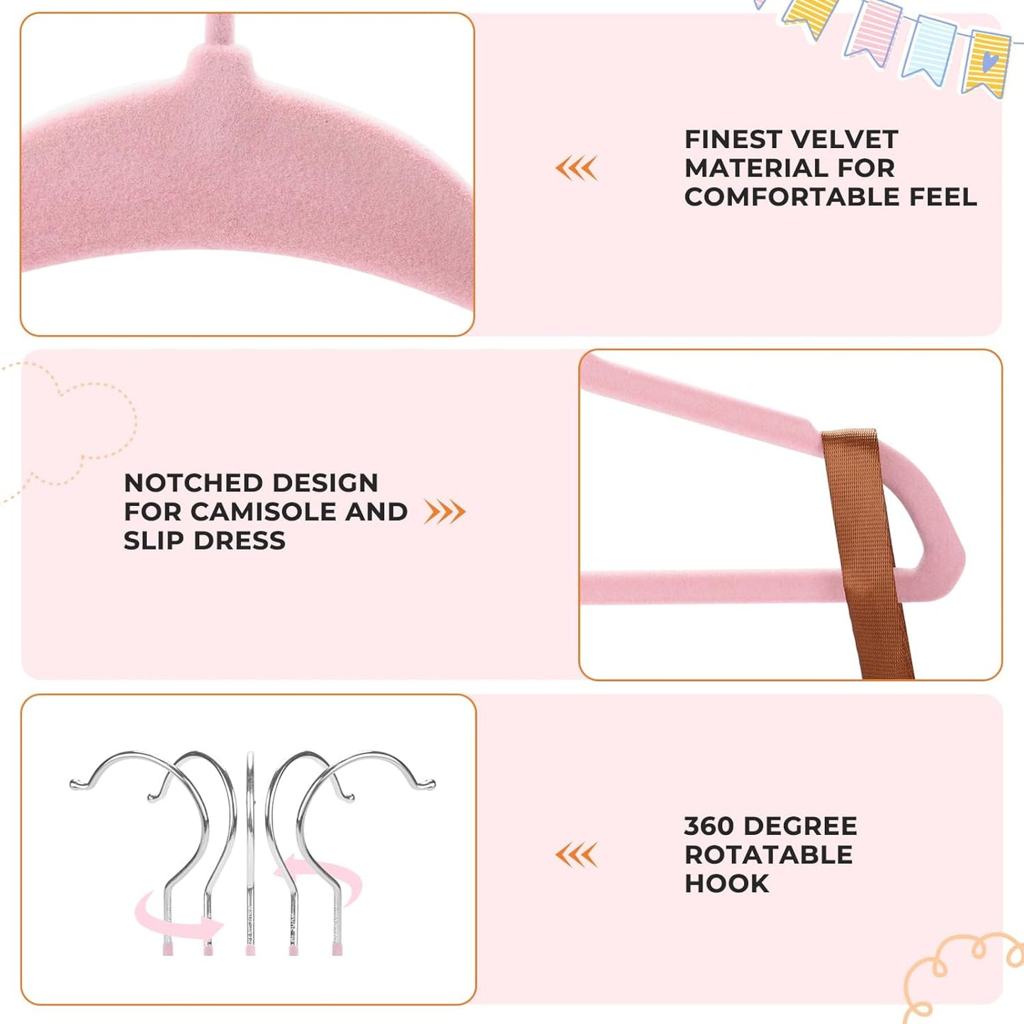 Babyrish Velvet Baby Hangers with 10x Clips and 8X Dividers (30 Pack) | 11” Ultra-Slim Baby Clothes Hangers | Non-Slip Felt | Space-Saving Nursery & Infant Closet Organizer | Pink