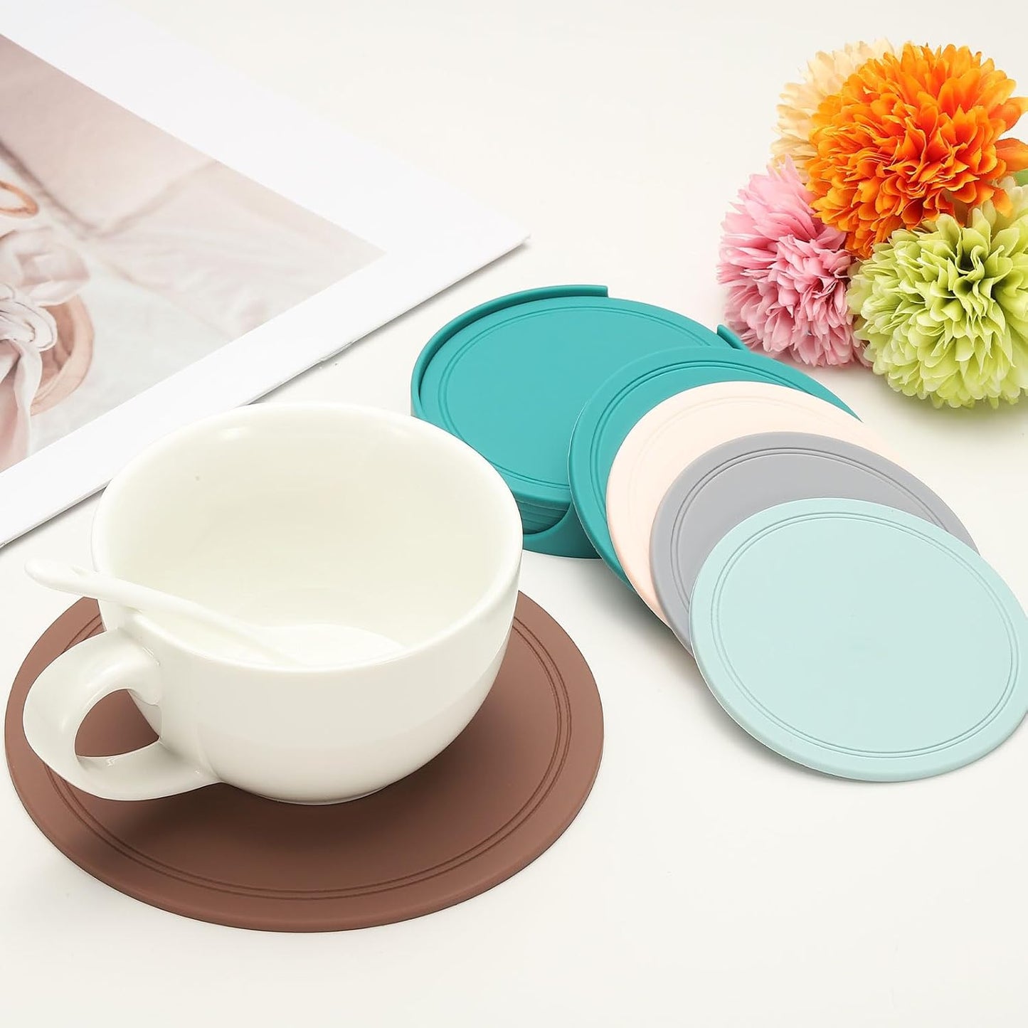 uxcell Drink Coasters with Holder, 3.5 Inch PVC Coffee Cup Mat Housewarming Gifts for Hot or Cold Drinks, Pink
