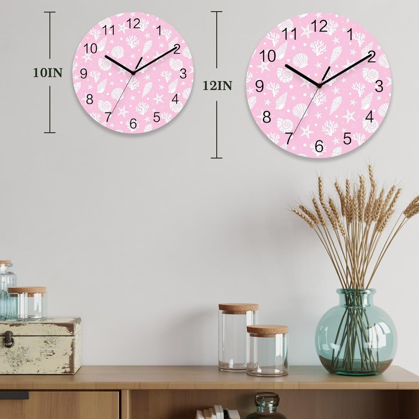 Marine Life Wall Clock Battery Operated Non-Ticking 12" Round Wood Clocks, Ocean Coral Shell Starfish Pink Kitchen Wall Clock for School Bathroom Living Room Home Office Wall Decor