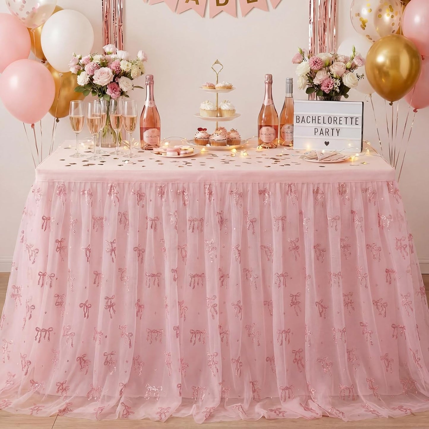 4 Pcs Pink Bow Table Runners 29 x 70 Inch Pink Tulle Lace Table Runner Coquette Bow Tablecover for Wedding Birthday Baby Shower Valentine's Home Decor