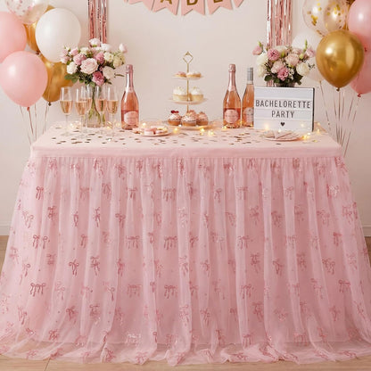 4 Pcs Pink Bow Table Runners 29 x 70 Inch Pink Tulle Lace Table Runner Coquette Bow Tablecover for Wedding Birthday Baby Shower Valentine's Home Decor