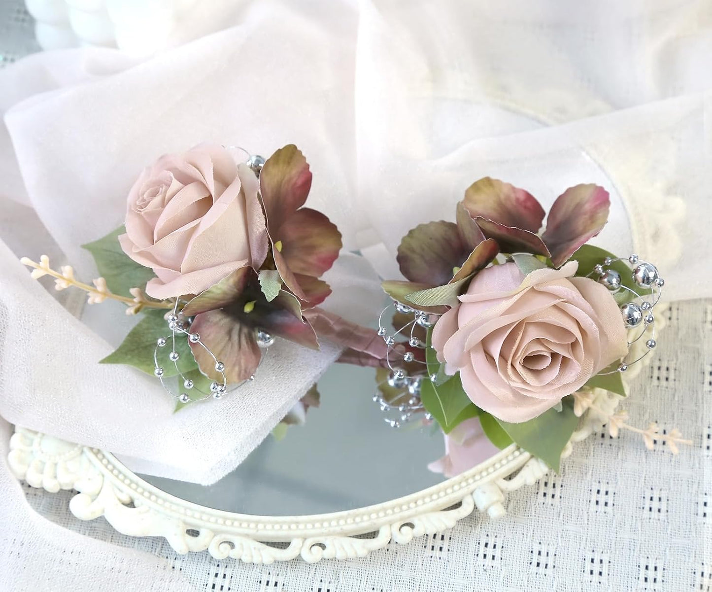 Pink Corsage and Boutonniere Set, Boutonniere for Men, Wrist Corsage Bracelets Rose Buttonholes Suit Decoration for Prom, Wedding, Party, Bride, Bridesmaids(Pink)