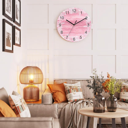 Ocean Wall Clock Battery Operated Non-Ticking 10" Round Wood Clocks, Starfish Seashell Coral Marine Life Pink Kitchen Wall Clock for School Bathroom Living Room Home Office Wall Decor