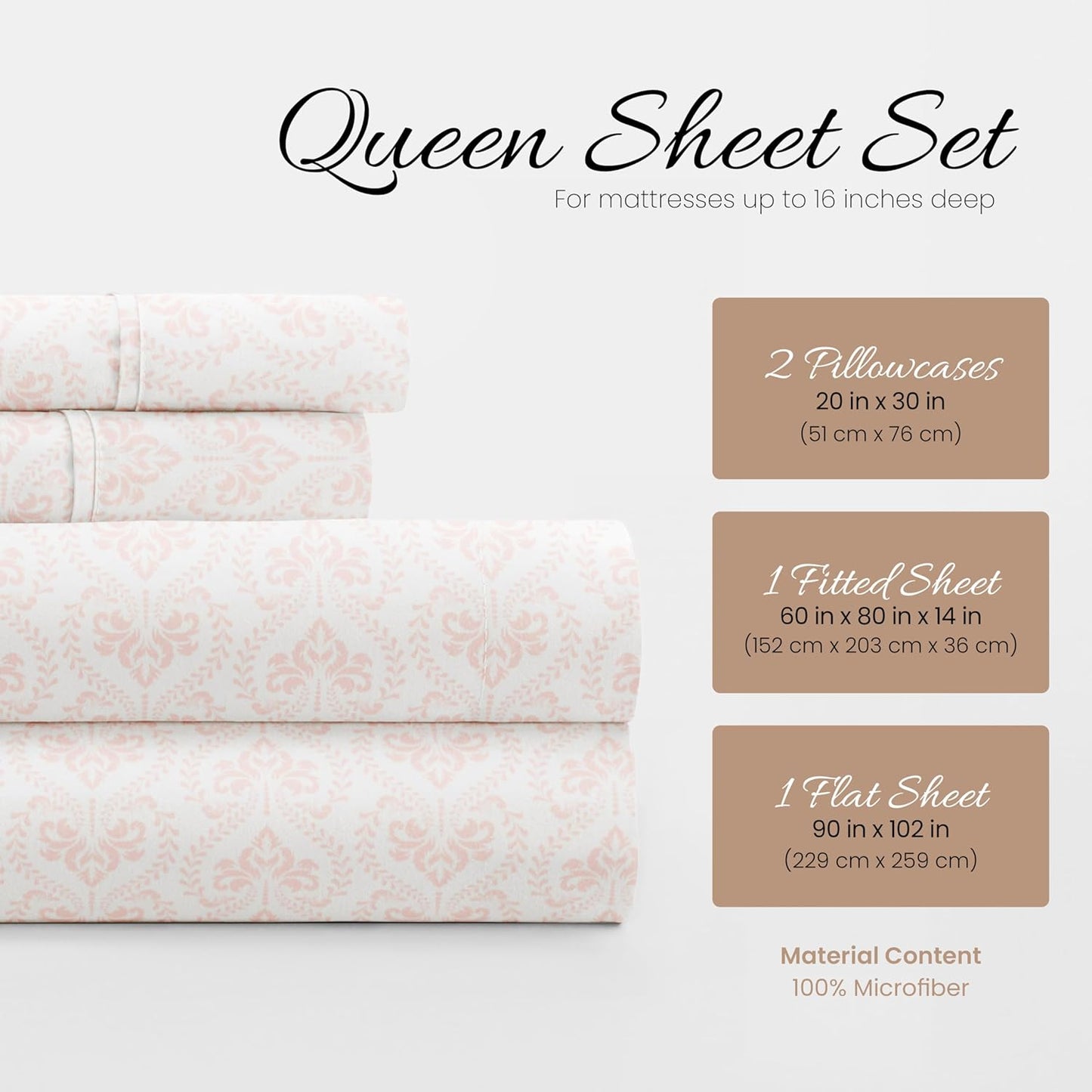 Linen Market Patterned Microfiber Queen Sheet Set 4 Piece – Oeko-TEX Certified Ultra Soft & Wrinkle-Free - 16" Deep Pocket Sheets - Easy Care Queen Size - Classic in Pink