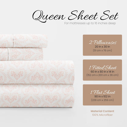 Linen Market Patterned Microfiber Queen Sheet Set 4 Piece – Oeko-TEX Certified Ultra Soft & Wrinkle-Free - 16" Deep Pocket Sheets - Easy Care Queen Size - Classic in Pink