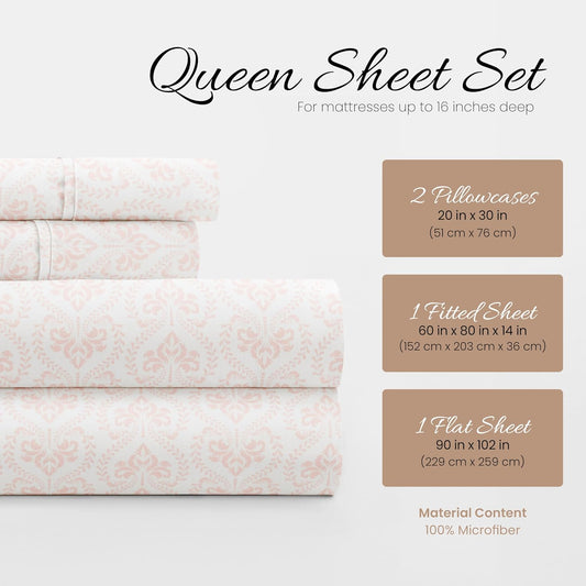 Linen Market Patterned Microfiber Queen Sheet Set 4 Piece – Oeko-TEX Certified Ultra Soft & Wrinkle-Free - 16" Deep Pocket Sheets - Easy Care Queen Size - Classic in Pink