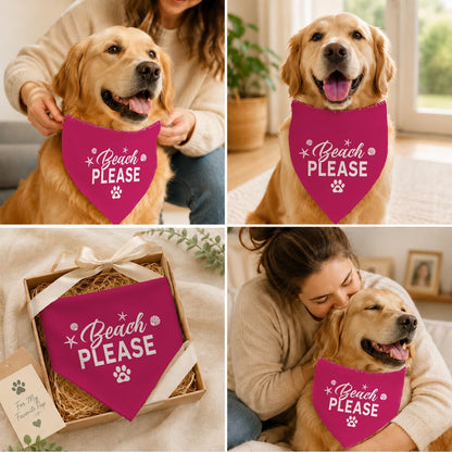 Beach Please Dog Bandana, Summer Pet Triangle Scarf for Beach Vacation Pool Party Photo Outfit, Hot Pink Neckerchief for Small Medium Dogs